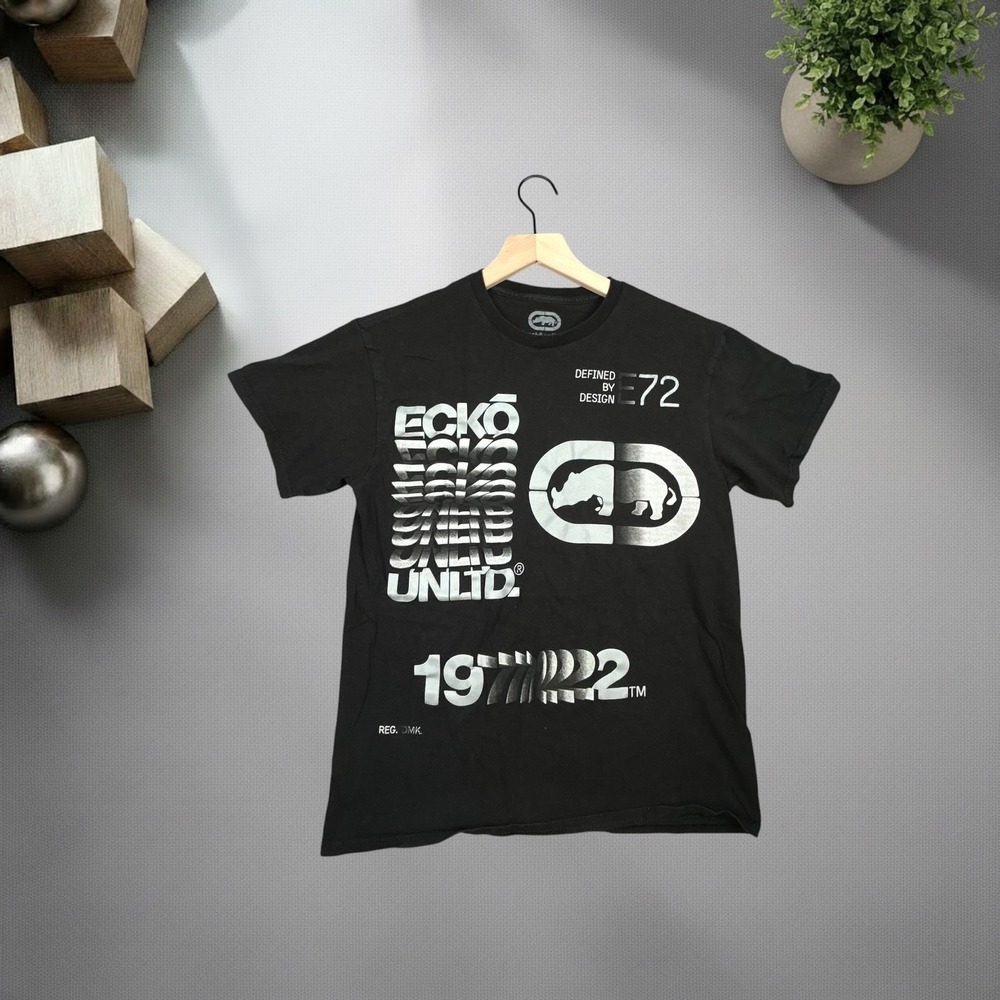 Vintage Ecko Unltd Graphic T Shirt Black Silver Rhino Logo Y2K Skater Mens Large